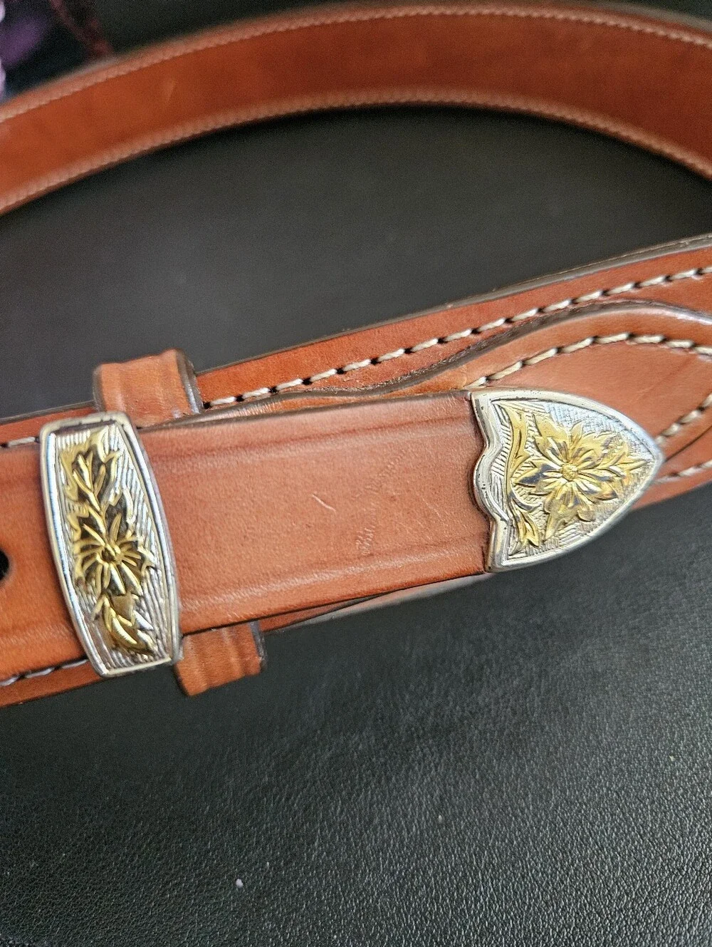 Black Hills Leather Mens Brown Western Leather  Ornate Buckle Belt Size 42X